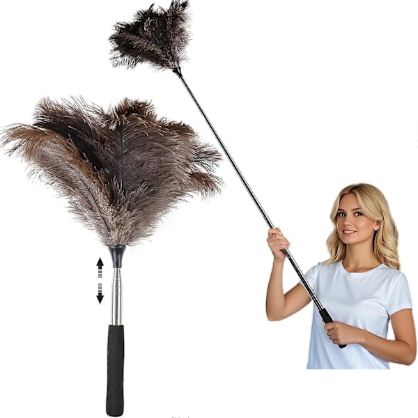 Infällbar dammvippa med strutsfjädrar, fluffiga fjädrar, långt handtag, återanvändbar, rengör takfläktar, når 102 cm