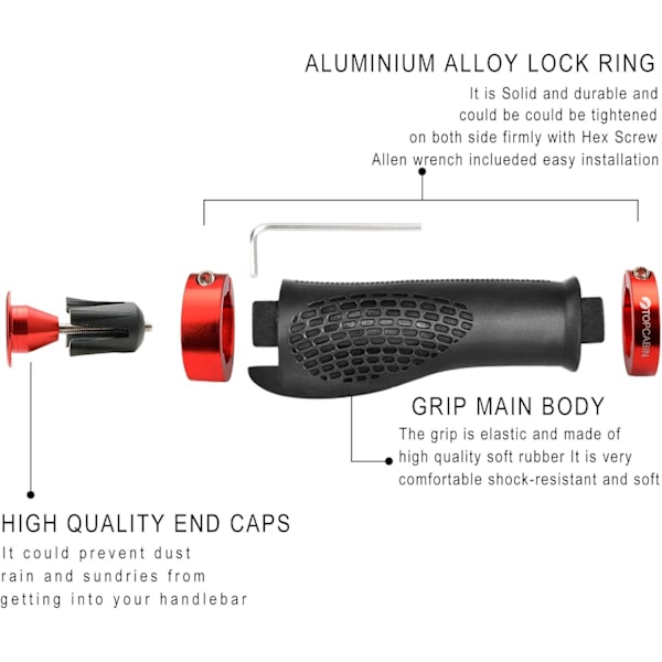 Sykkelstyre, ergonomisk design sykkelstyre utvidet gummisykkelstyre med aluminiumslegering låsegrep red