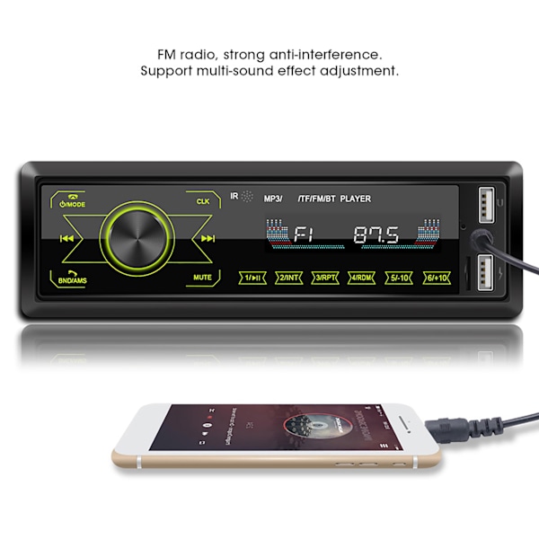 Auton MP3-soitin Kaksois-USB Bluetooth Stereo Audio Radio Kosketusnäyttö Värikkäät valot viihdejärjestelmä