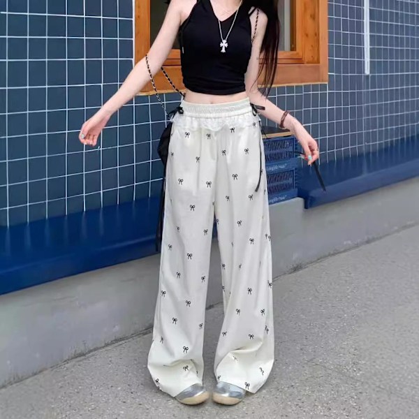 Dame College Stil Sød Sløjfe Fuld Print Bukser Blonde Syning Søde Afslappede Bukser Løse Lige Bukser