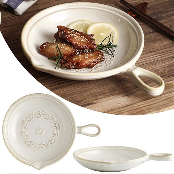 Keramisk tallerken, japansk stil, serveringsfat, sushifat, appetittfat, rundt fat med håndtak, retrofat, biff-fat