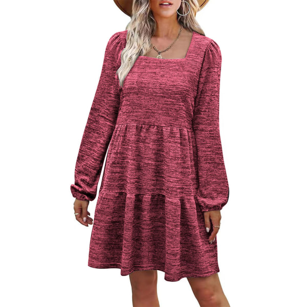 Long Sleeve Dress Squared Neck Pure Color Tiered Design Puff Sleeve Women Summer Tunic Dress for Party Office Red XL