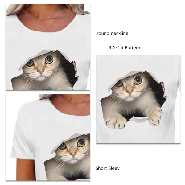 Rund hals T-shirt 3D kattemønster Fashion komfortabel åndbar kortærmet T-shirt til kvinder mænd hvid XL