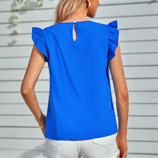 T-shirt med flæser, korte ærmer, rund hals, blondekant, ensfarvet, stilfuld og komfortabel til kvinder, til hjemmet og udendørs, blå, XL