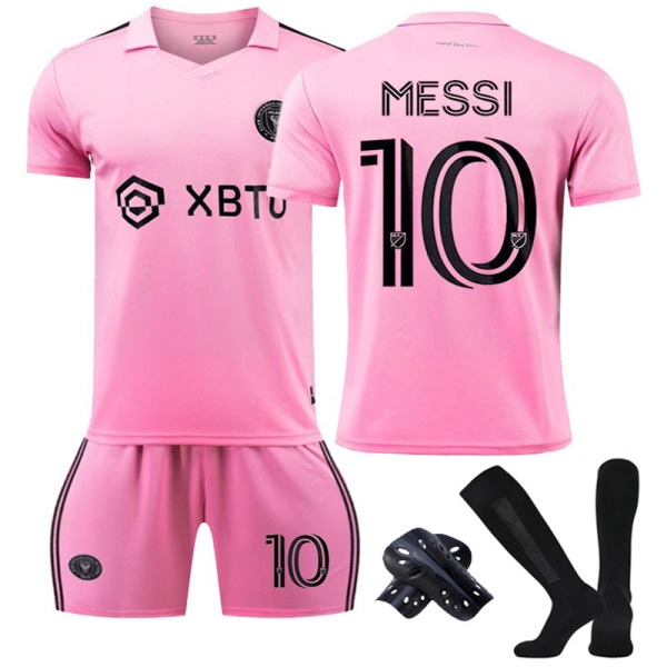 Fodboldtrøje New Messi Jersey Inter Miami Youth Herre hjemmetrøje No. 10 + black socks + shin pads 18(100-110cm)