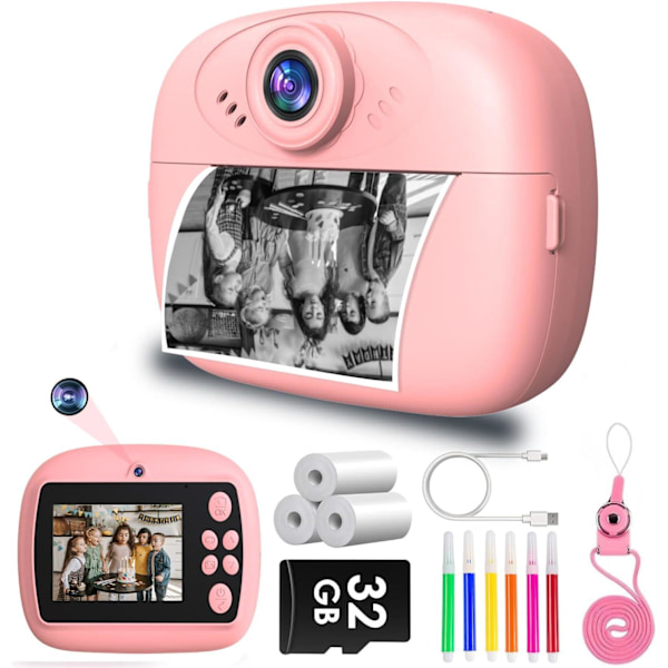 Børnekamera med Øjeblikkelig Print, 40MP Dobbelt Linse Digitalkamera til Børn Julefødselsdagsgave, 1080P Selfie-kamera til Småbørn med 32GB SD-kort