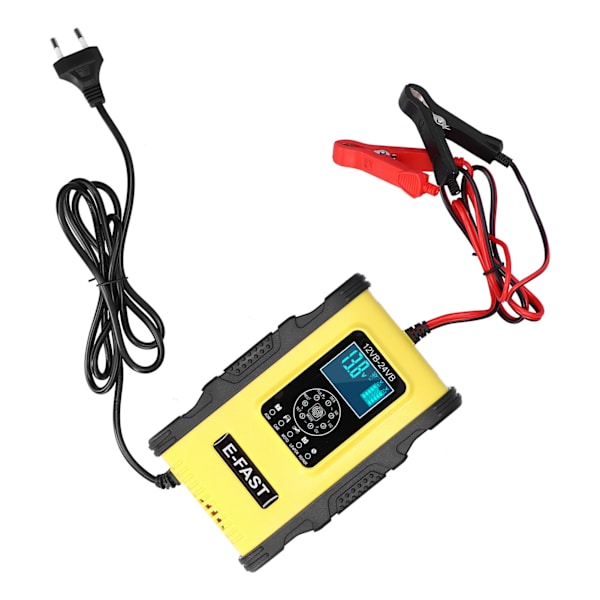 Intelligent batterioplader 12V/12A 24V/6A 7-trins opladningspulsreparation til bilbåd Gul Sort EU-stik 100-240V