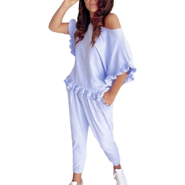 YJ Women Casual Wear Set Short Sleeves Top Round Neck Frill Trim Pure Color Long Pants Suit Blue S