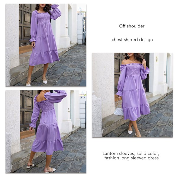 Naisten lyhty pitkähihainen mekko olkapää pois rinta rypytetty röyhelöhiha yksivärinen helma mekko violetti L