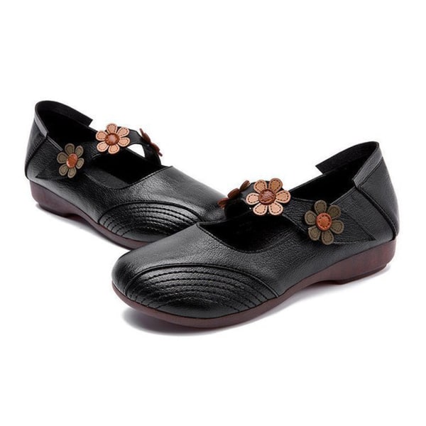 YJ Dame Lærsko Retro Stil Komfortable Kurve Stabil Hæl Bred Tåhette Dame Slip On for Hjem Utendørs Kontor Svart 38 EU Størrelse