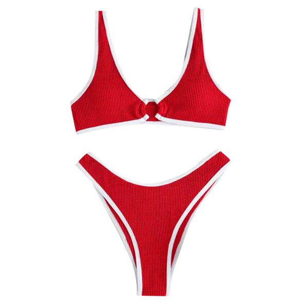 Bikiniset för kvinnor, andningsbar, elastisk, V-ringad, färgblockerad, tvådelad bikini, baddräkt, röd, M