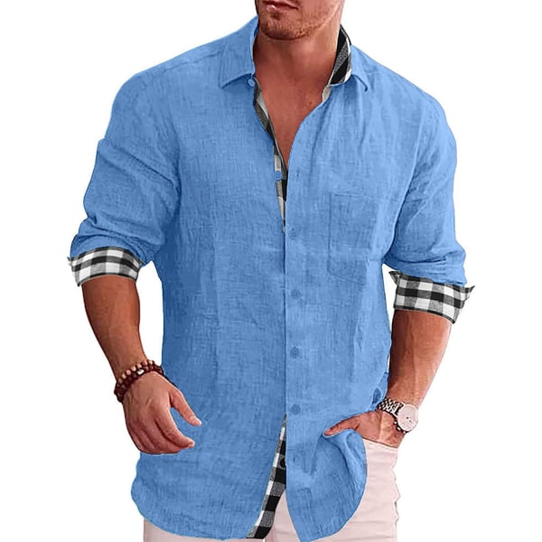 Herrknappskjorta med lång ärm, nedfälld krage, enfärgad utsida och rutigt tryck på insidan, lös och ledig, mjuk herrskjorta, blå, XXL