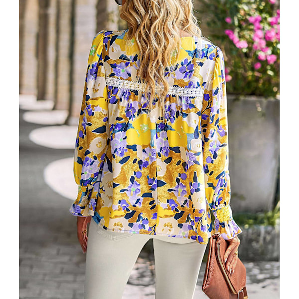 YJ Dame Floral Top Lanterne Langærmet Rund Hals Elastisk Manchet Blonder Splidning Løs Komfortabel Floral Bluse Brun XL