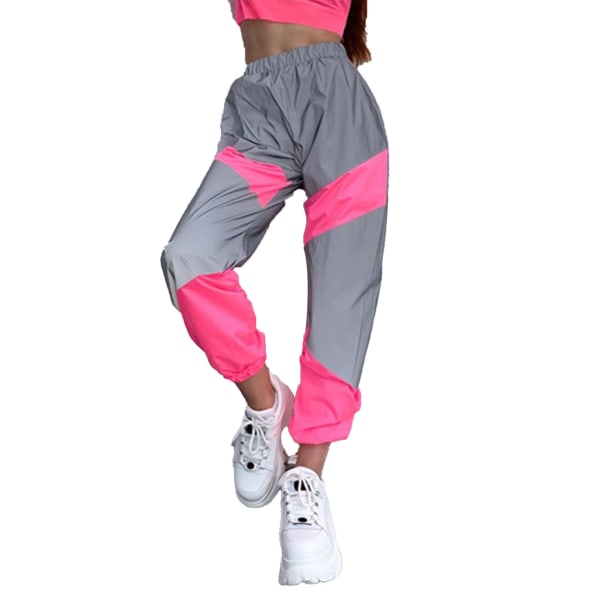 Women Sports Pants Reflective Splicing Color Contrasting Elastic Medium Waist Casual Long Pants Pink M