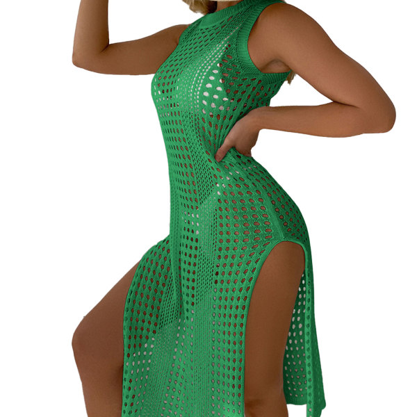 Kinitted Bikini Cover Up Solid Color Round Neck Sleeveless Breathable Knitted High Open Sun Protection Long Cover Up Dress Green Free Size