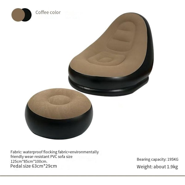 Bærbar oppustelig sofa stol - tyk flocking doven sofa, egnet til camping, hjemmebrug og fritid Brown