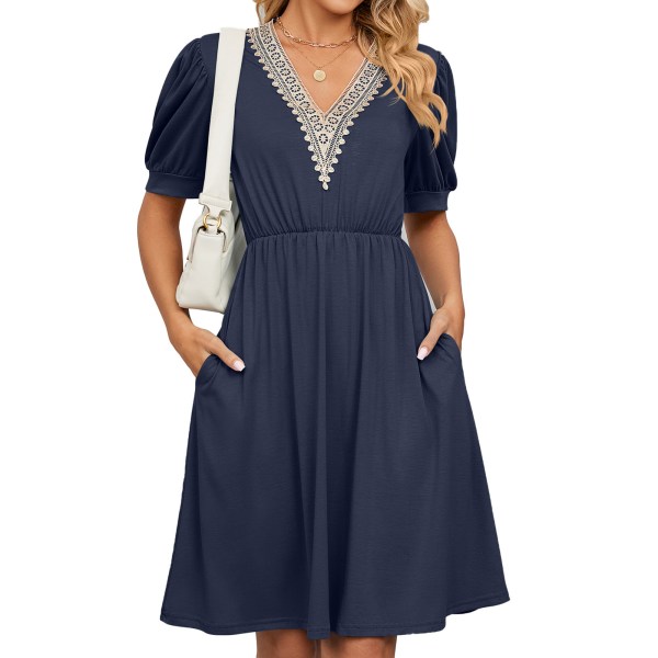 YJ Lace Stitching Dress Puff Sleeve Side Pockets V Neck Fashionable Elegant Female Short Dress Navy Blue S