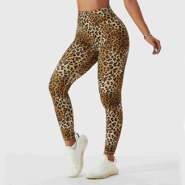 Leopardmönstrade yogabyxor för kvinnor, nakna känsla, träningsleggings, rumplyft, hög midja, yogatight, ljusbrun, S