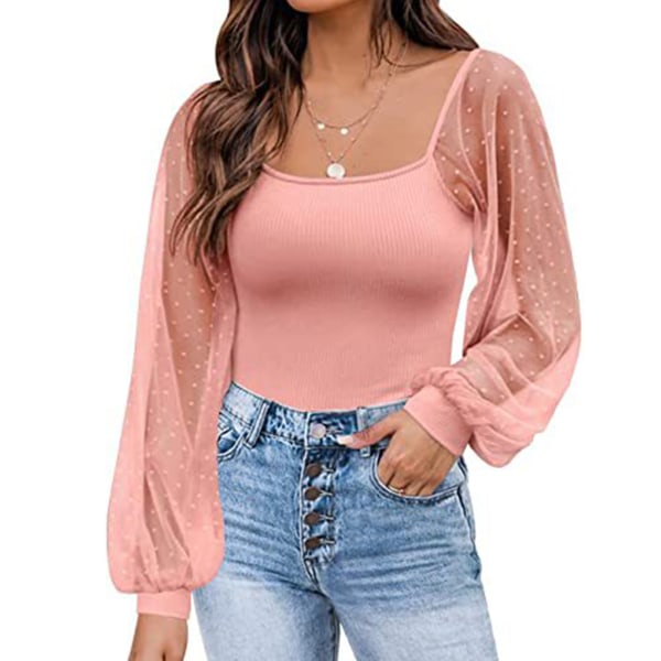 Women Mesh Dot Long Puff Sleeve Top Fashionable Casual Slim Fit Pure Color Shirt Blouse for Office Work Pink M