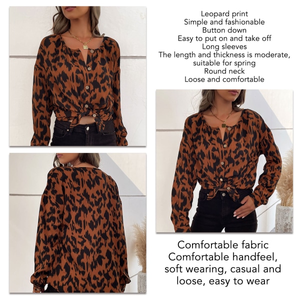 YJ Leopard Knappskjorta Långärmad Rund Hals Casual Leopard Knappskjorta Topp för Kvinnor Flickor Sommar Rostig Brun L