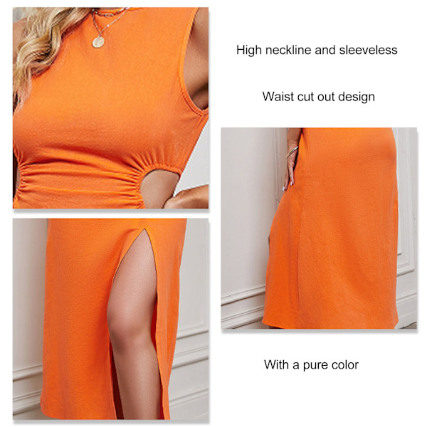 YJ Naisten pitkä mekko hihaton sivuhalkio vyötäröleikkaus pyöreä kaula-aukko yksivärinen slim-tyyppinen mekko oranssi M