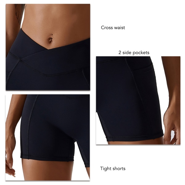 Cross Waist Yoga Shorts Side Pocket Slim Fit Fashionable Stylish Pure Color Cross Waist Workout Shorts Black 10/M