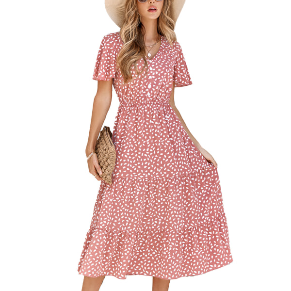 YJ V Neck Dress Midi Length Ruffle Sleeved Printed Fashionable Breathable Women Dress for Summer Spring Brownish Red S