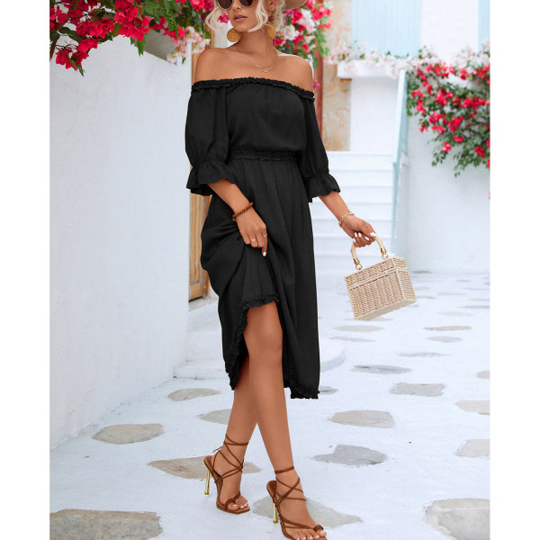 YJ Off Shoulder Ruffled Dress Pure Color Elegant Flowy Soft Fashion Casual Off Shoulder Dress for Women Black S