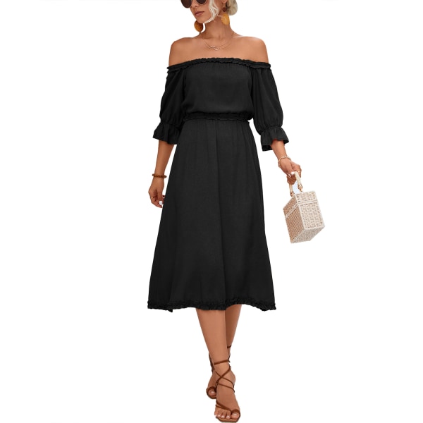 YJ Off Shoulder Ruffled Kjole Ren Farve Elegant Flowy Blød Mode Casual Off Shoulder Kjole til Kvinder Sort S