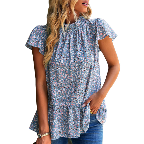 Short Sleeve Shirt Stringy Selvedge Stand Collar Ruffled Loose Hem Floral Print Casual Blouses Tops for Daily Light Blue S