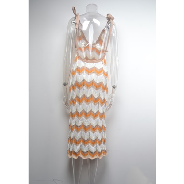 V-hals maxi-kjole med halterneck, rygløs, ærmeløs, bølgemønster, farveblok, strikket maxi-kjole til kvinder, orange, M
