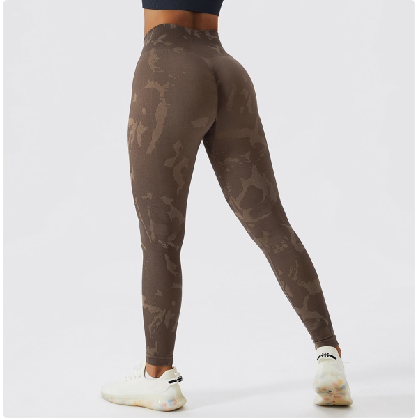 Yoga Leggings Høy Midje Sømløs Full Lengde Hurtigtørkende Elastisk Trykt Kvinners Fitness Tights Bukser Brun S