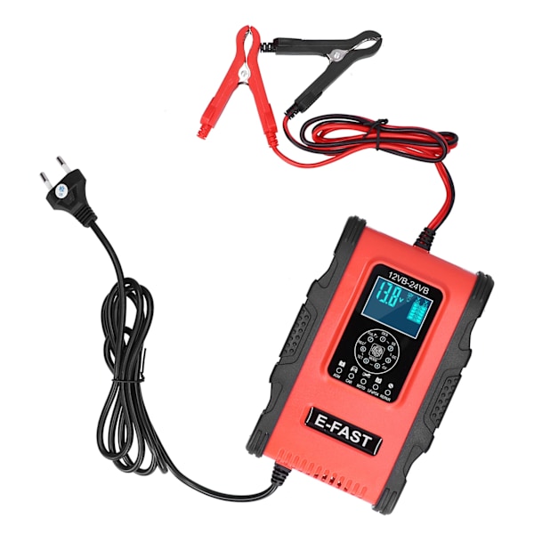 Smart batterioplader 12V/12A 24V/6A 7-trins Opladningspulsreparation til bil Motorcykelbåd Rød Sort EU-stik 100-240V
