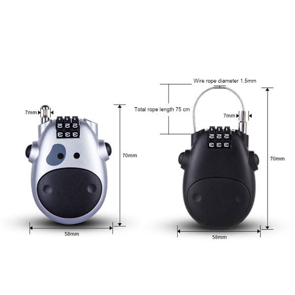 Tilbagetrækkelig Ståltråd Tegneserie Ko Cykel Lås Hjelm Lås Rejse Bagage Lås Slæde Lås