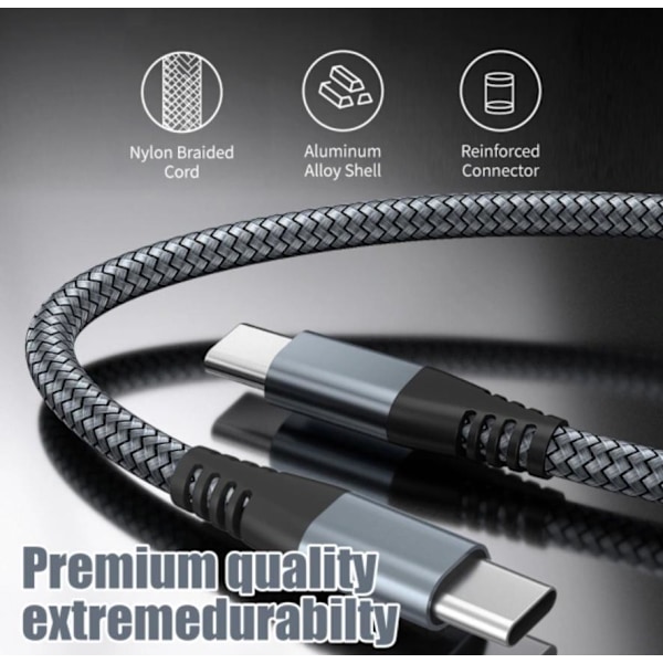 USB-C Opladerkabel 60W Hurtig Opladning til iPhone 15/Plus/Pro Max, Samsung Galaxy S24/S23/S22, Pixel 7 Pro Grå 2m
