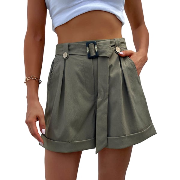 YJ Women Casual Shorts Mid Rise Fashionable Simple Loose Women Summer Shorts with Belt OD Green L