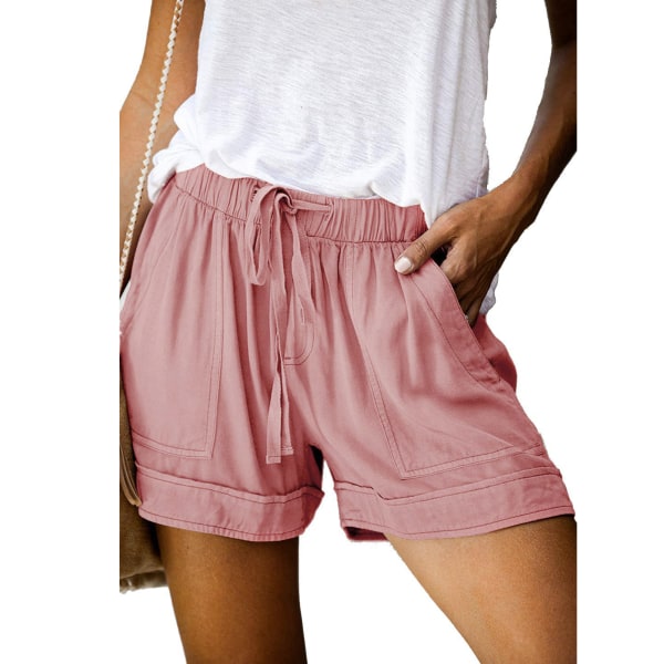 YJ Dam Shorts Sommar Elastisk Midja Snörstängning Medium Midja Casual Style Shorts med Sidofickor Rosa XL