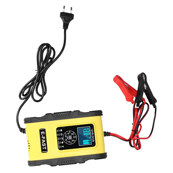 Intelligent batterioplader 12V/12A 24V/6A 7-trins opladningspulsreparation til bilbåd Gul Sort EU-stik 100-240V