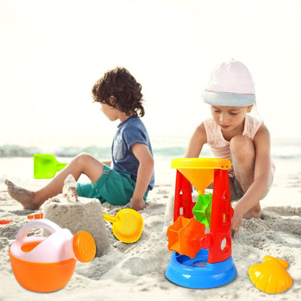 11 stk. strandlekesett for barn - sandlekesett med firehjulsvogn, vanningskanne, sandspader og 5 dyreleker