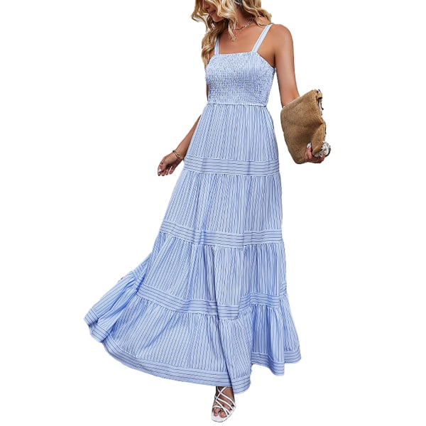 YJ Maxi-kjole med stropper, stripet trykk, fasjonabel maxi-kjole for kvinner til ferie, lyseblå, M