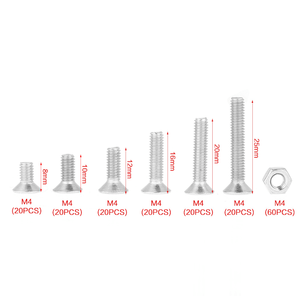 180 st rostfritt stål M4 bultskruvar med platt huvud och muttrar Sortimentsats