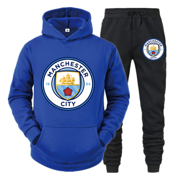 Manchester City huvtröja nytt lagtryck för män fritids sweatshirt träningsbyxor i två delar plus fleecejacka blå XL