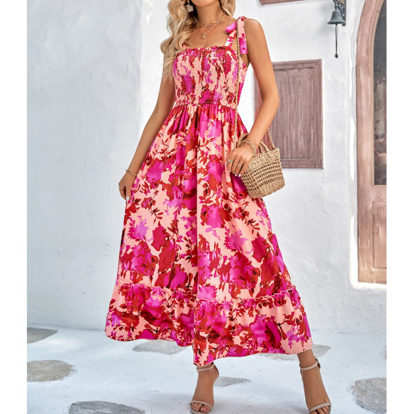 Maxi-kjole med rynket trykk, stropper og plisseringer - Fashionabel og elegant maxi-kjole for kvinner til date og fest - Rød - M