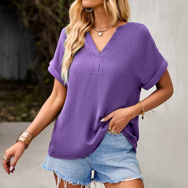Naisten V-aukko lyhythihainen paita rento tyylikäs yksivärinen löysä mukava V-aukko pusero yläosa violetti S