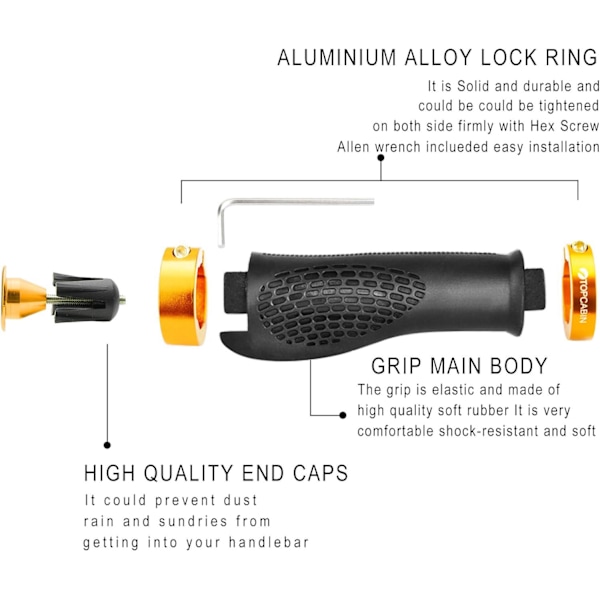 Sykkelstyre, ergonomisk design sykkelstyre utvidet gummisykkelstyre med aluminiumslegering låsegrep yellow