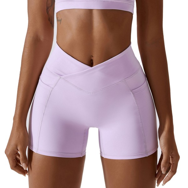 Kryss-midje yogashorts med sidelomme, tettsittende, fasjonabel, stilig, ensfarget kryss-midje treningsshorts, lilla 12/L