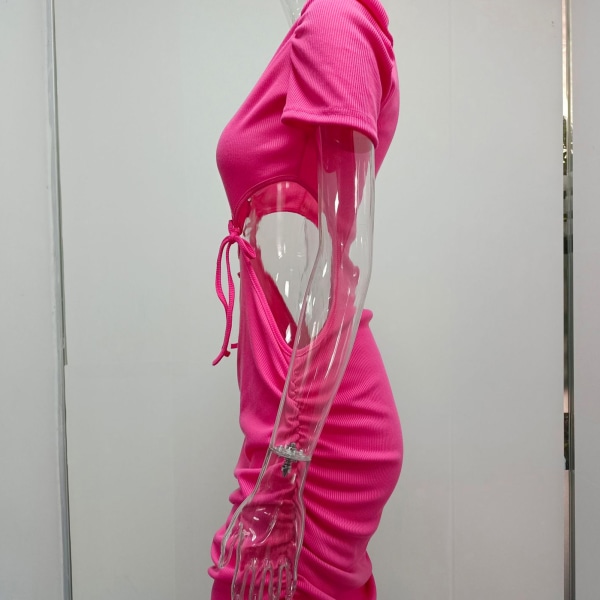 YJ Kvinnors korta klänning midja utskurna remmar länk korta ärmar höft omslag snygg kort klänning ros röd XXL