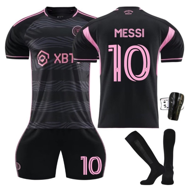 Fodboldtrøje New Messi Jersey Inter Miami Youth Herre-udebanetrøje No. 10 + black socks + shin pads 18(100-110cm)