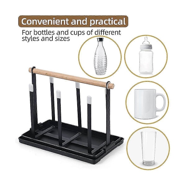 Flaskeholder, Opvaskestativ til Flasker, 6 Flaskeholder, Metal Kopholder med Drypbakke og Flasketørrer til Flasker og Kopper