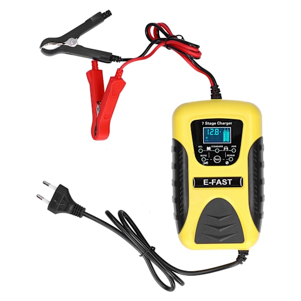 Automatisk batterioplader 7-trins 12V 7A LCD-skærm pulsreparationsfunktion til bilplæneklipper motorcykel EU 100-240V